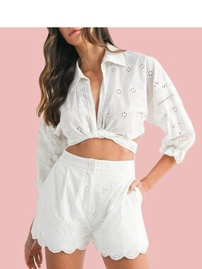 White Eyelet Cotton Cropped Button-Up Top